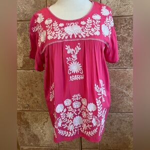 Layerz Peasant Style Top Pink with White Embroidery Size XL